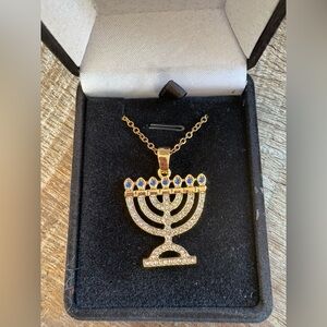 Friends of Zion Gold-Tone Menorah Pendant Necklace with Blue Accents, NIB